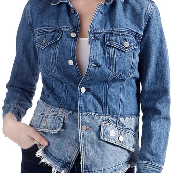 Lucky Brand Women's Pieced Waisted Denim Trucker Jacket Dark/light Denim sz M - Picture 2 of 9